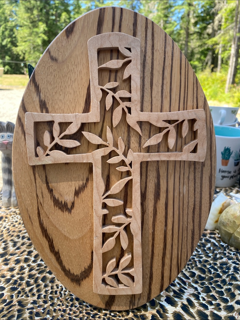 Wooden Oval Plaque with Decorative Cross